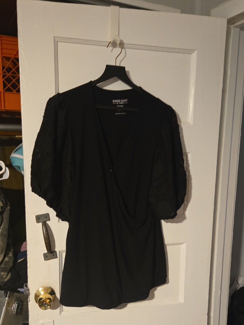 Black V-Neck Puff Sleeve Blouse by Super Soft